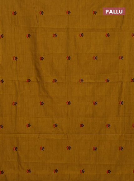 Semi silk cotton saree mustard yellow and black with embroided buttas in borderless style