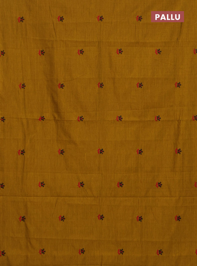 Semi silk cotton saree mustard yellow and black with embroided buttas in borderless style