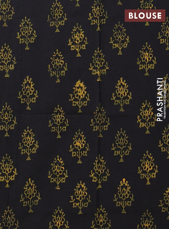 Semi silk cotton saree mustard yellow and black with embroided buttas in borderless style