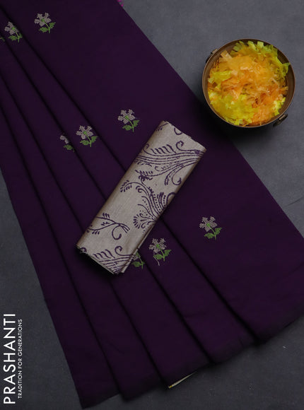 Semi silk cotton saree deep purple and grey with embroided buttas in borderless style