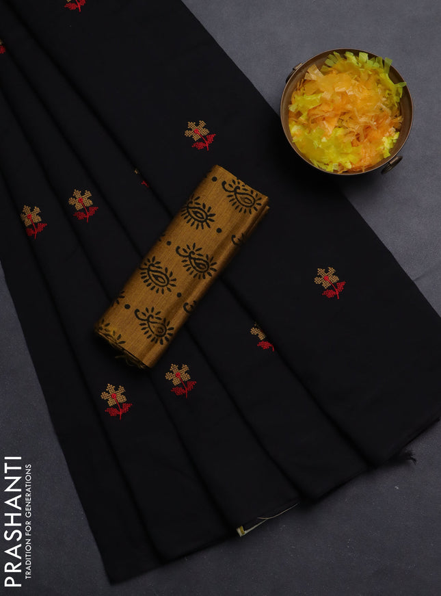 Semi silk cotton saree black and mustard shade with embroided buttas in borderless style