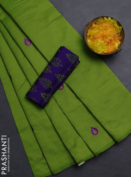 Semi silk cotton saree light green and violet with embroided buttas in borderless style