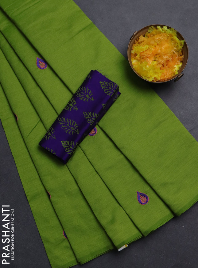 Semi silk cotton saree light green and violet with embroided buttas in borderless style