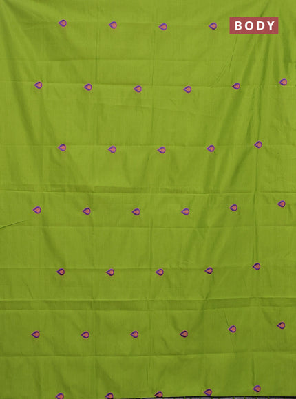 Semi silk cotton saree light green and violet with embroided buttas in borderless style