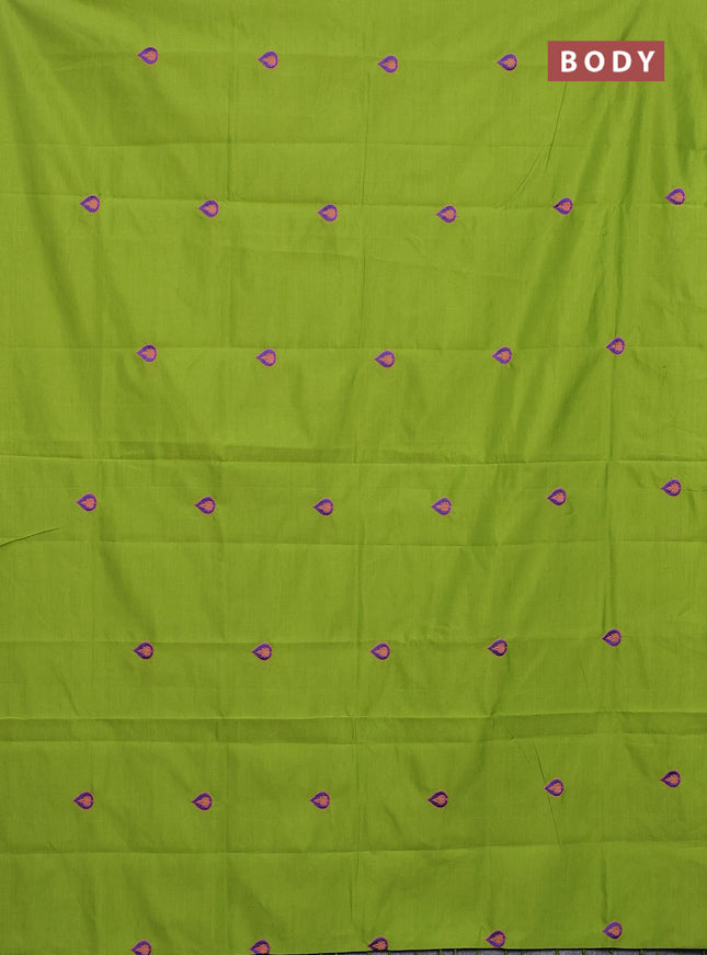 Semi silk cotton saree light green and violet with embroided buttas in borderless style