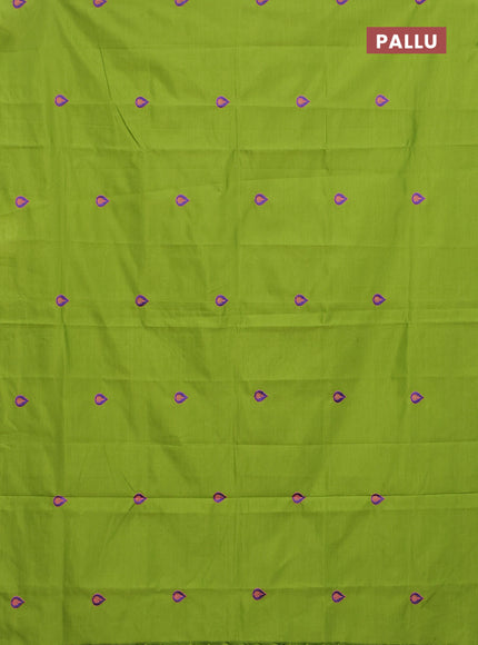 Semi silk cotton saree light green and violet with embroided buttas in borderless style