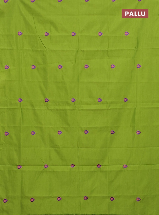 Semi silk cotton saree light green and violet with embroided buttas in borderless style