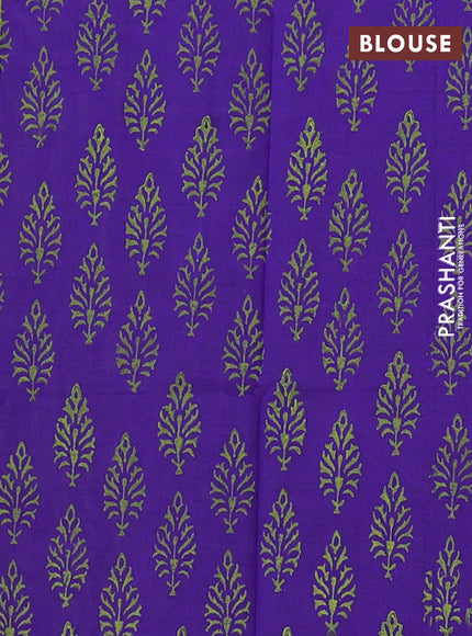 Semi silk cotton saree light green and violet with embroided buttas in borderless style