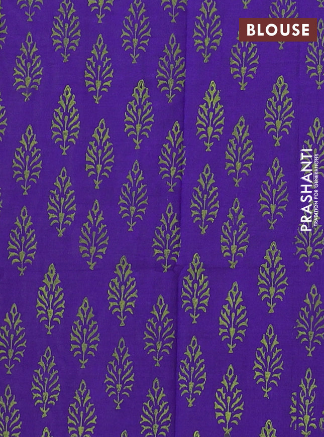 Semi silk cotton saree light green and violet with embroided buttas in borderless style