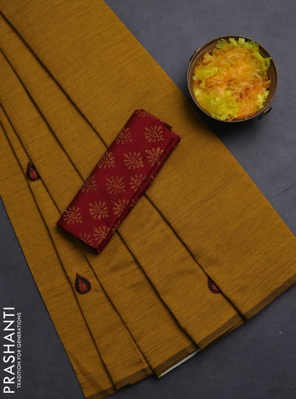 Semi silk cotton saree mustard shade and maroon with embroided buttas in borderless style