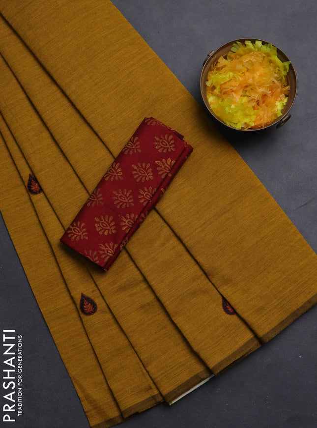 Semi silk cotton saree mustard shade and maroon with embroided buttas in borderless style