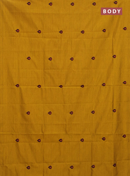 Semi silk cotton saree mustard shade and maroon with embroided buttas in borderless style