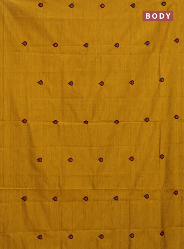 Semi silk cotton saree mustard shade and maroon with embroided buttas in borderless style