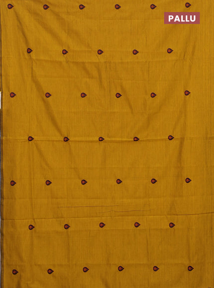 Semi silk cotton saree mustard shade and maroon with embroided buttas in borderless style