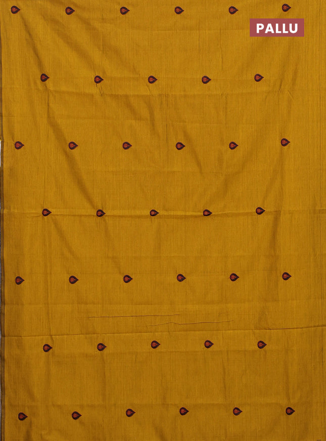 Semi silk cotton saree mustard shade and maroon with embroided buttas in borderless style
