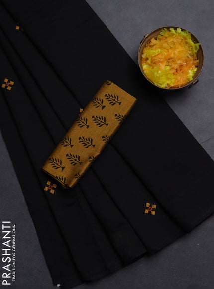 Semi silk cotton saree black and mustard shade with embroided buttas in borderless style