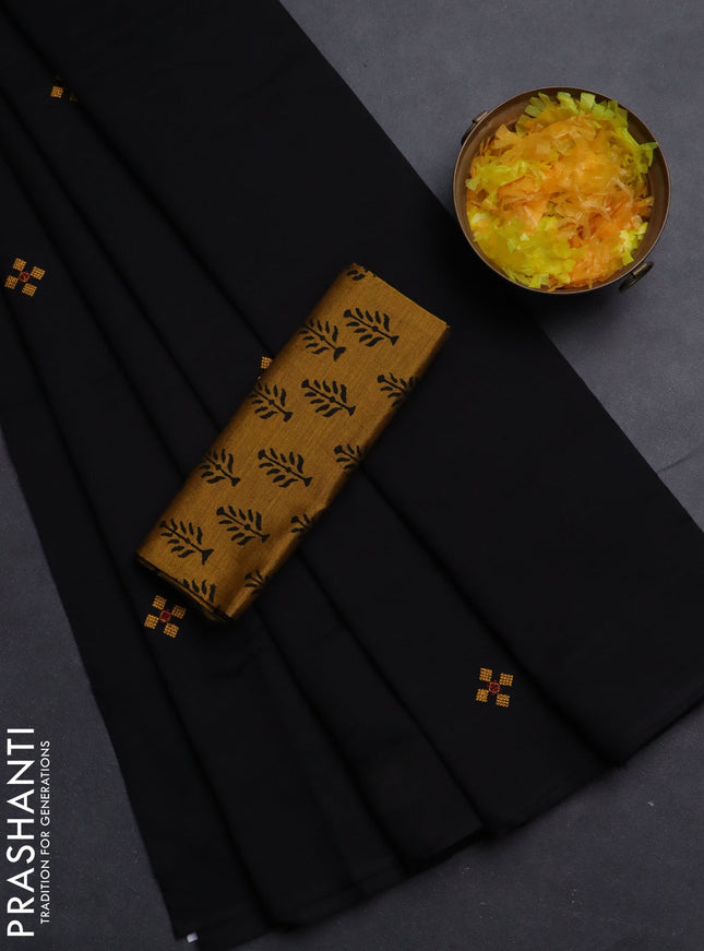 Semi silk cotton saree black and mustard shade with embroided buttas in borderless style