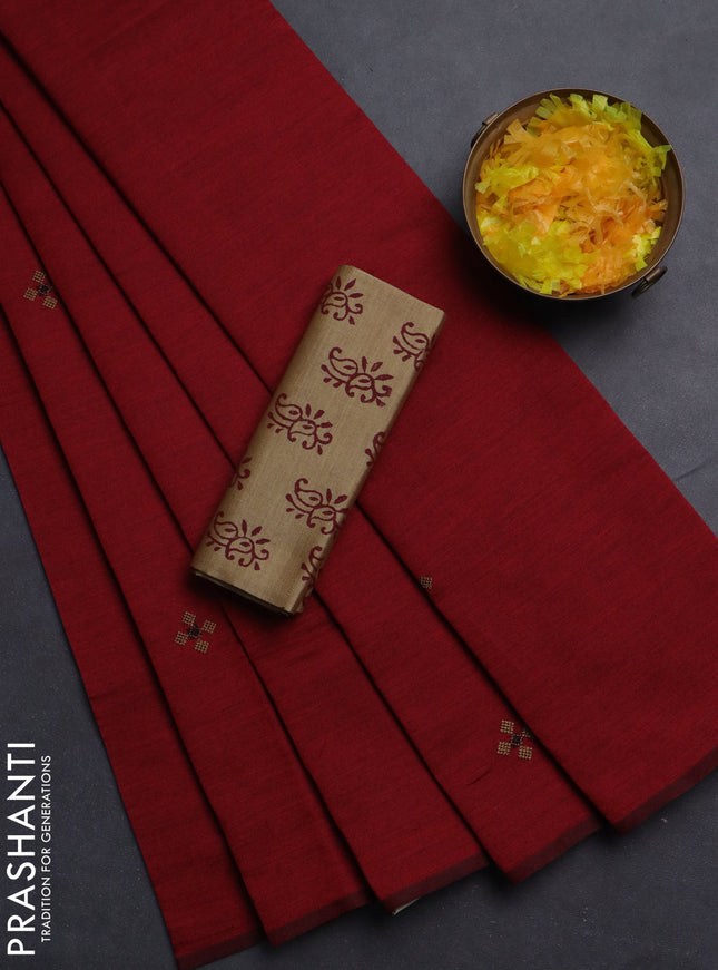 Semi silk cotton saree maroon and chikku shade with embroided buttas in borderless style