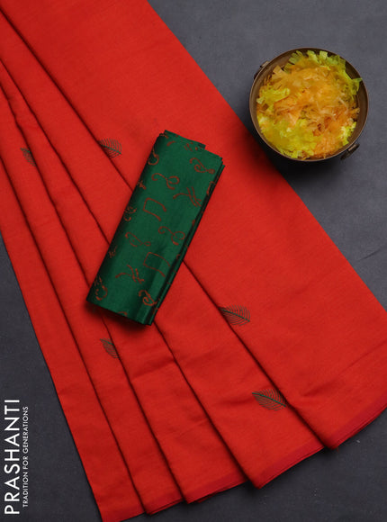 Semi silk cotton saree orange and green with embroided buttas in borderless style