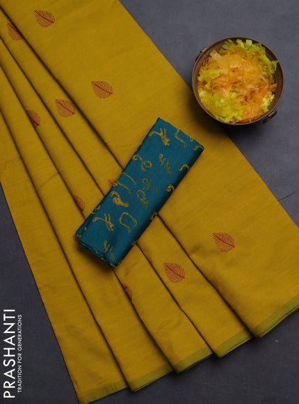 Semi silk cotton saree yellow and peacock green with embroided buttas in borderless style
