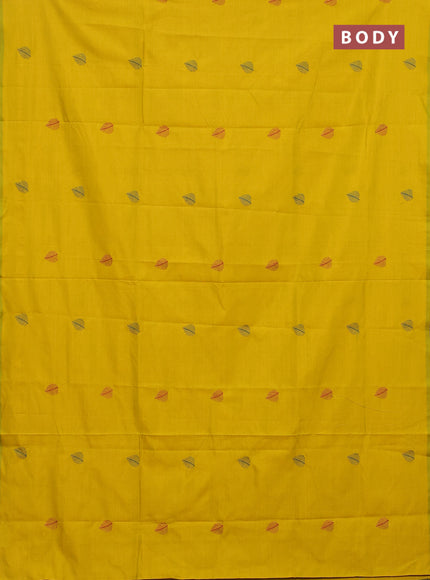 Semi silk cotton saree yellow and peacock green with embroided buttas in borderless style