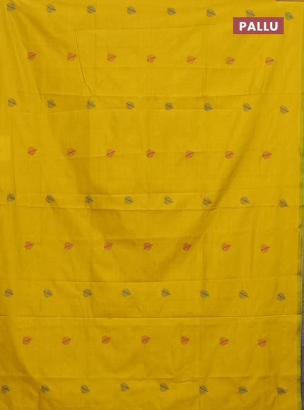 Semi silk cotton saree yellow and peacock green with embroided buttas in borderless style