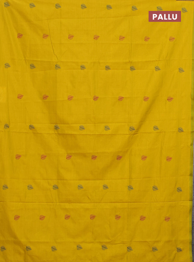 Semi silk cotton saree yellow and peacock green with embroided buttas in borderless style