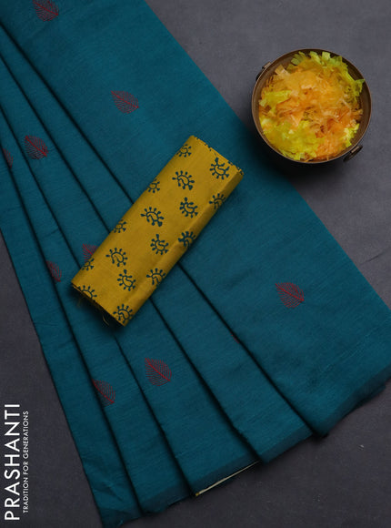 Semi silk cotton saree peacock green and yellow with embroided buttas in borderless style