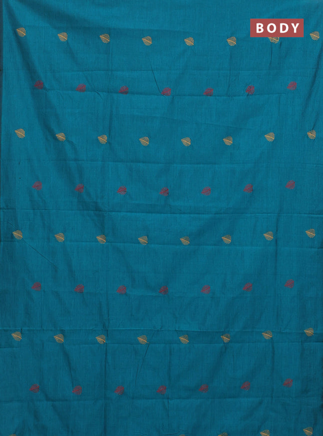 Semi silk cotton saree peacock green and yellow with embroided buttas in borderless style