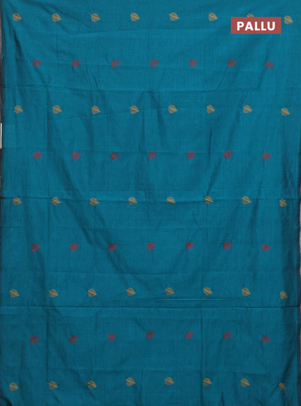 Semi silk cotton saree peacock green and yellow with embroided buttas in borderless style