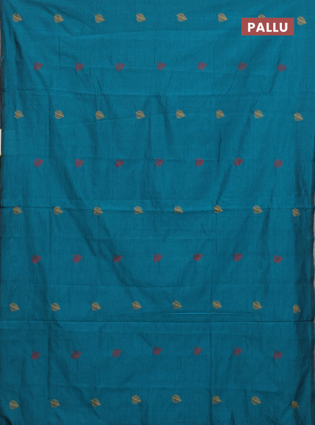 Semi silk cotton saree peacock green and yellow with embroided buttas in borderless style