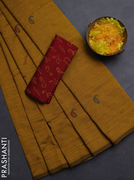 Semi silk cotton saree mustard yellow and maroon with embroided buttas in borderless style