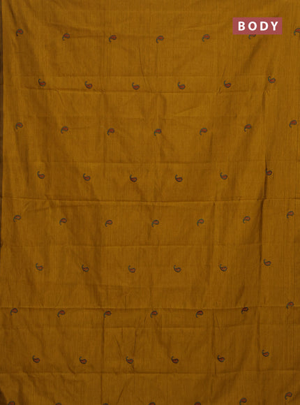 Semi silk cotton saree mustard yellow and maroon with embroided buttas in borderless style