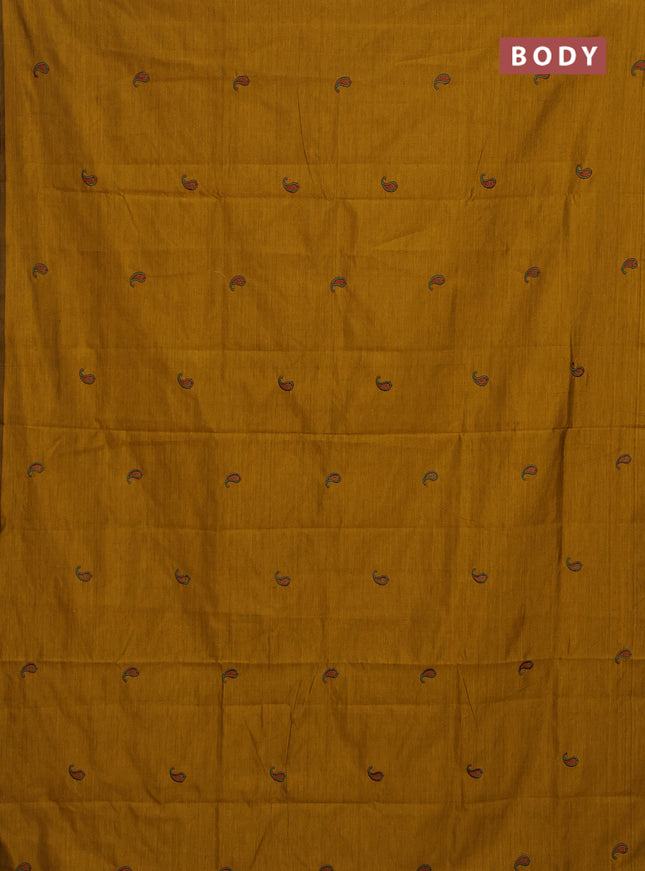 Semi silk cotton saree mustard yellow and maroon with embroided buttas in borderless style