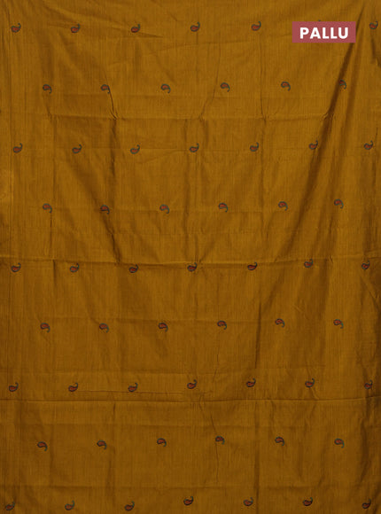 Semi silk cotton saree mustard yellow and maroon with embroided buttas in borderless style