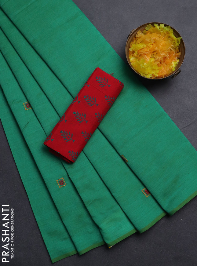 Semi silk cotton saree teal green and red with embroided buttas in borderless style