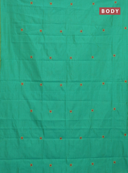 Semi silk cotton saree teal green and red with embroided buttas in borderless style