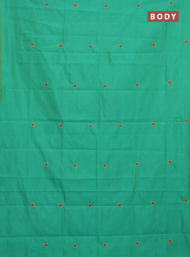 Semi silk cotton saree teal green and red with embroided buttas in borderless style