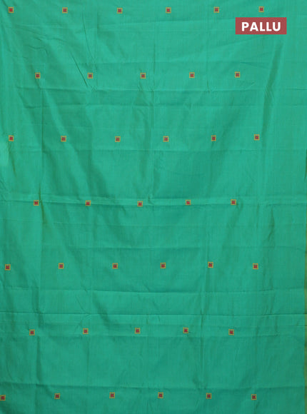 Semi silk cotton saree teal green and red with embroided buttas in borderless style