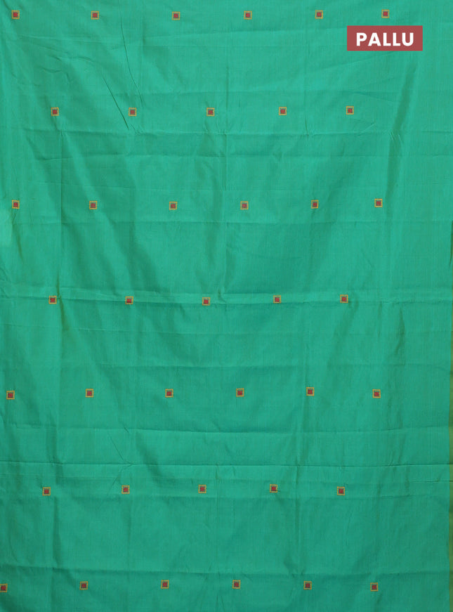 Semi silk cotton saree teal green and red with embroided buttas in borderless style