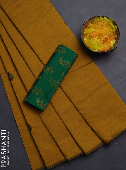 Semi silk cotton saree mustard yellow and green with embroided buttas in borderless style