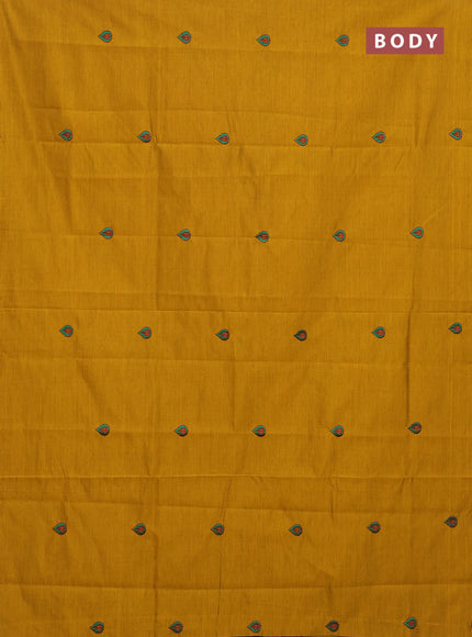 Semi silk cotton saree mustard yellow and green with embroided buttas in borderless style