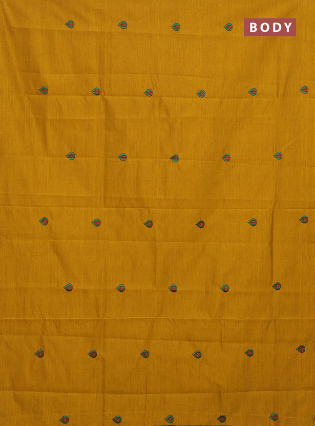 Semi silk cotton saree mustard yellow and green with embroided buttas in borderless style