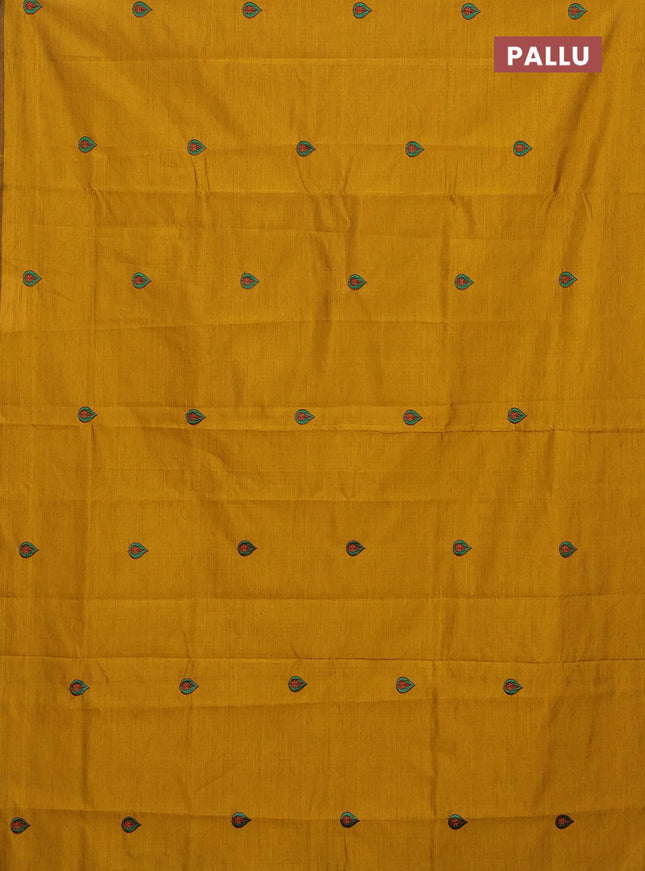 Semi silk cotton saree mustard yellow and green with embroided buttas in borderless style
