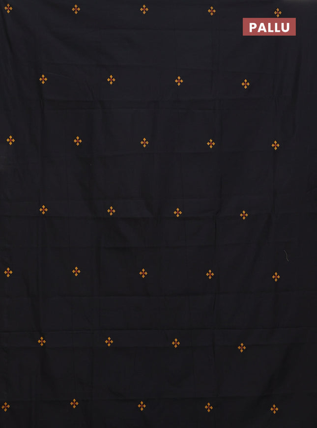 Semi silk cotton saree black and mustard shade with embroided buttas in borderless style