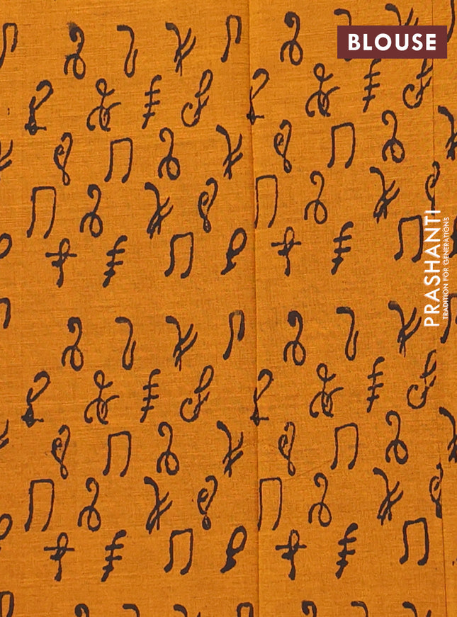 Semi silk cotton saree black and mustard shade with embroided buttas in borderless style