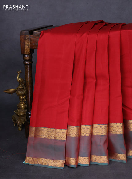Kanchipuram silk saree maroon and dual shade of teal green with plain body and rettapet zari woven border