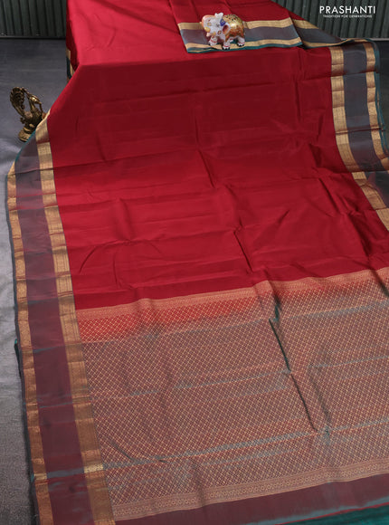 Kanchipuram silk saree maroon and dual shade of teal green with plain body and rettapet zari woven border