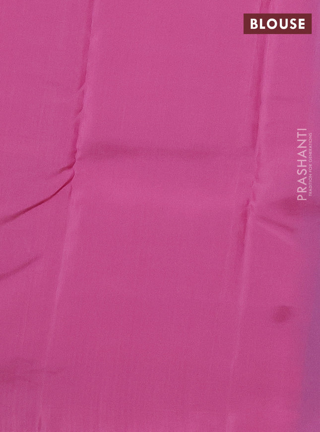 Kanchipuram silk saree teal blue and mild peach pink with allover copper zari weaves in borderless style