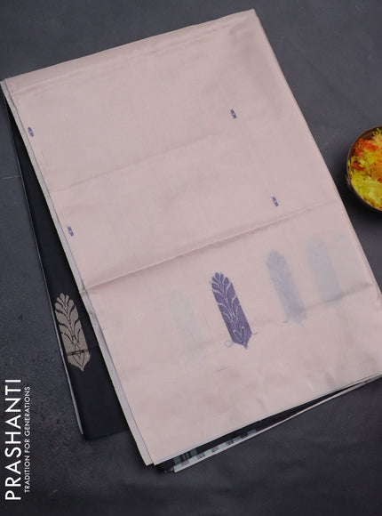 Banana pith saree cream and black with thread woven buttas in borderless style